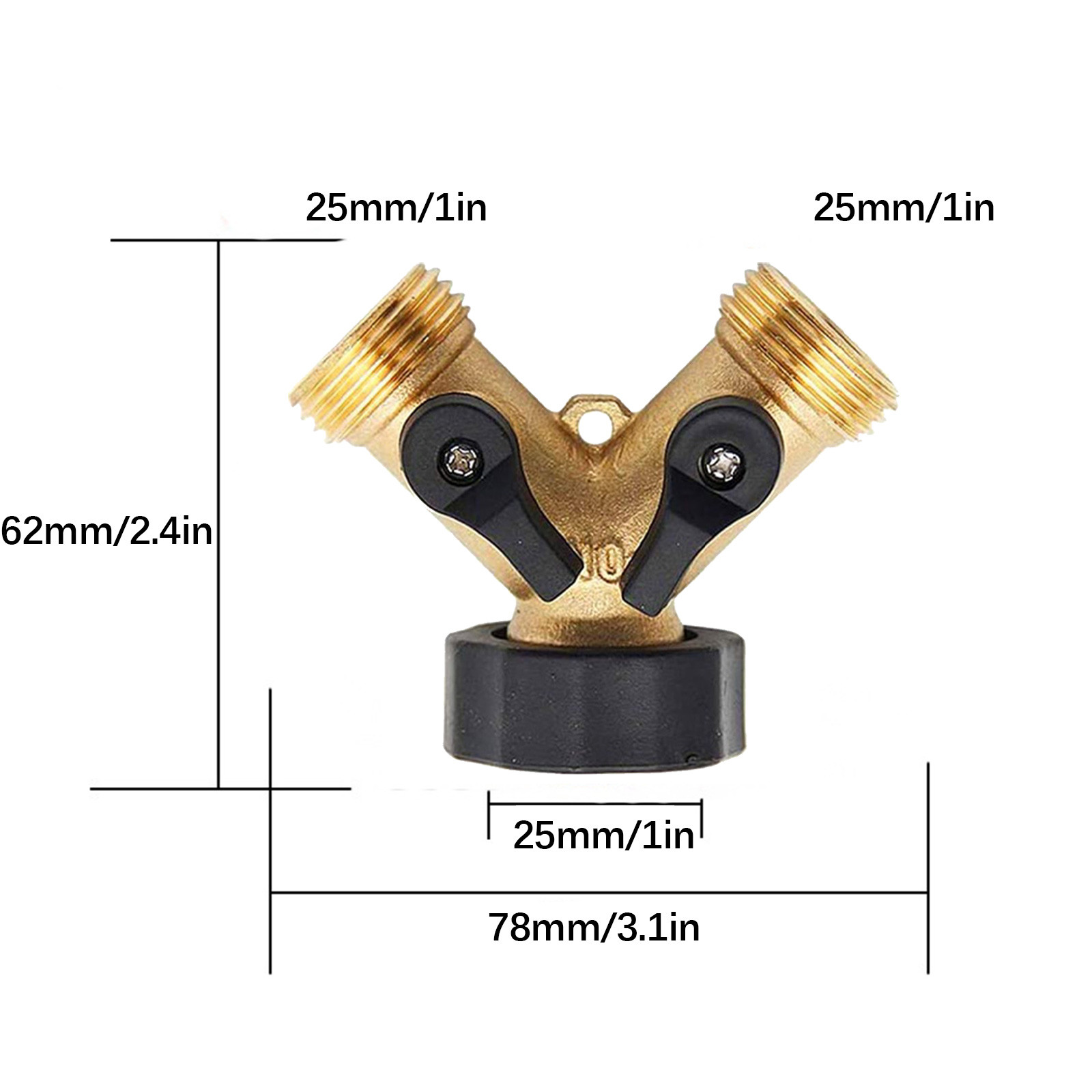 Divisor de dos vías de cobre para jardín: conector divisor de manguera de latón con válvula para riego exterior en jardín y patio