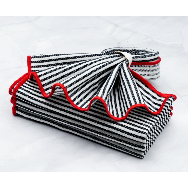 All Cotton and Linen Striped Cloth Napkins Set of 4 | Black with Red Border | 18x18 Dinner Napkins, Striped Napkins, Black Napkins