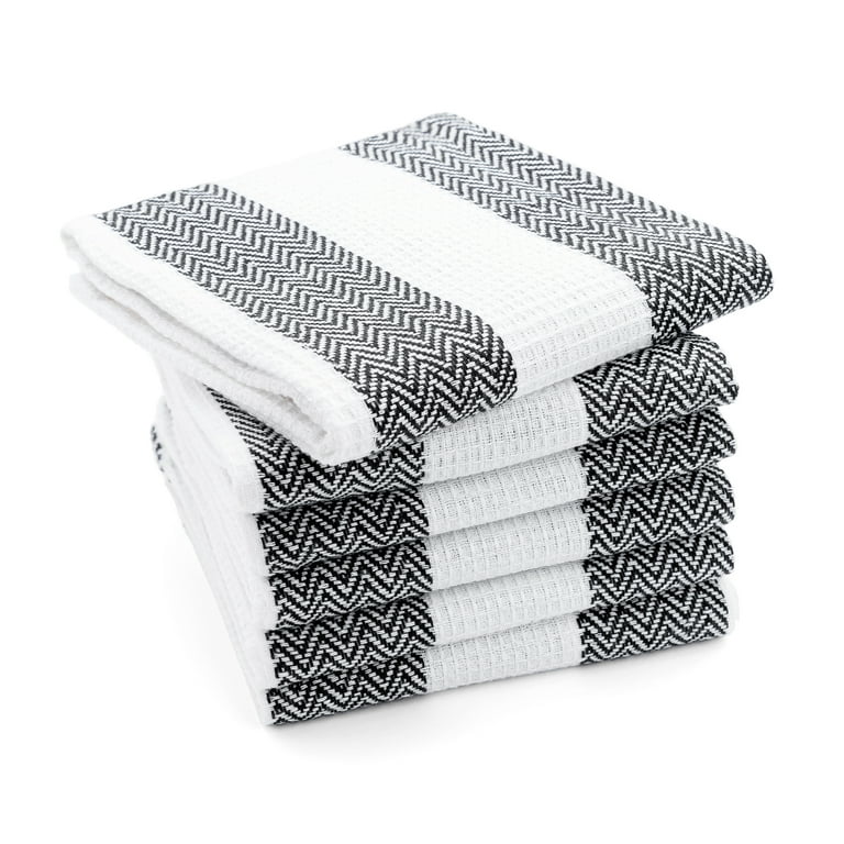 All Cotton and Linen Kitchen Towels, Cotton Dish Towels, Absorbent Tea Towels, Farmhouse Striped Hand Towels, White & Black, 6 Pack, 18 inchx28 inch