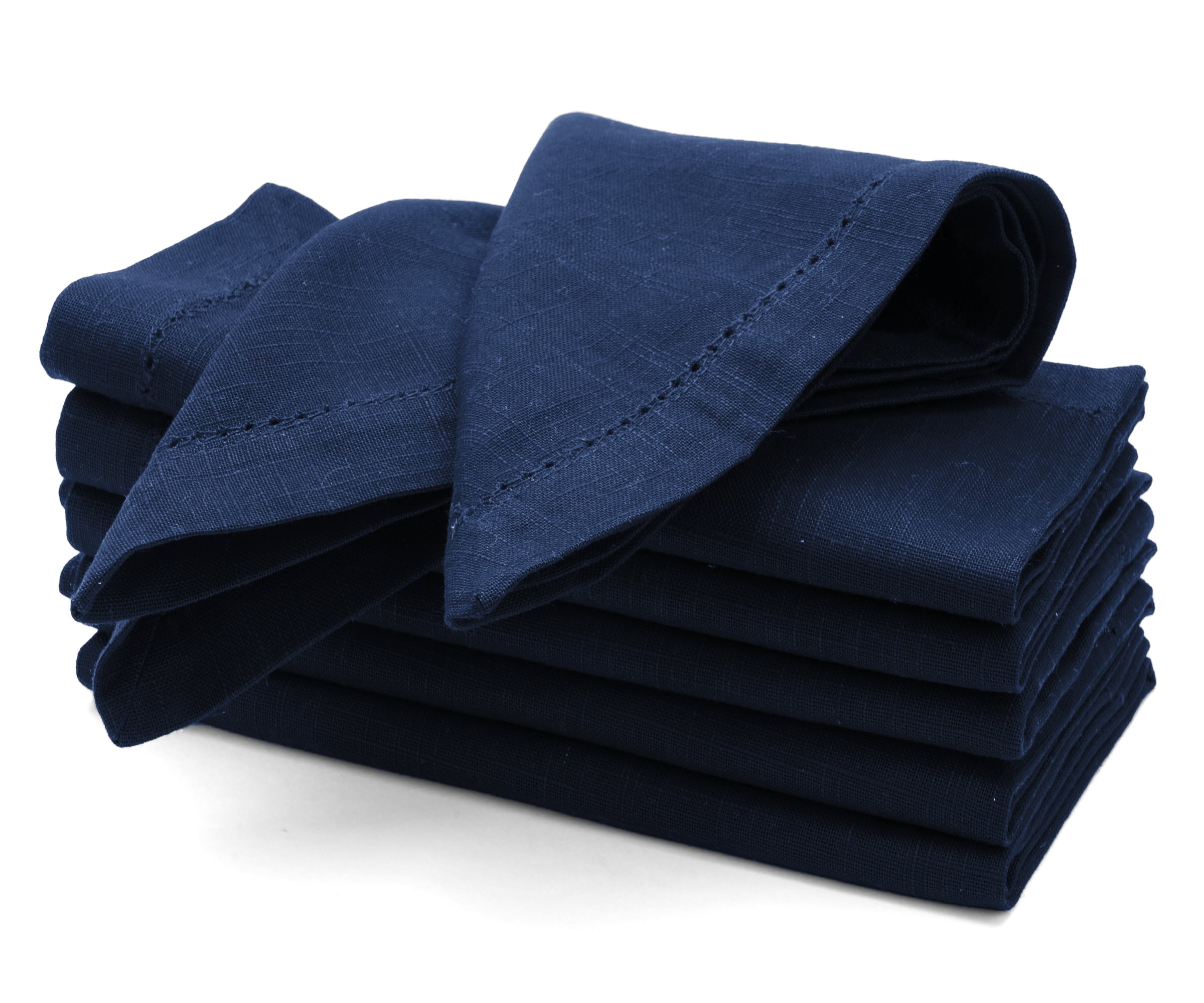 All Cotton and Linen Labor Day Cloth Napkins, Navy Blue Hemstitched