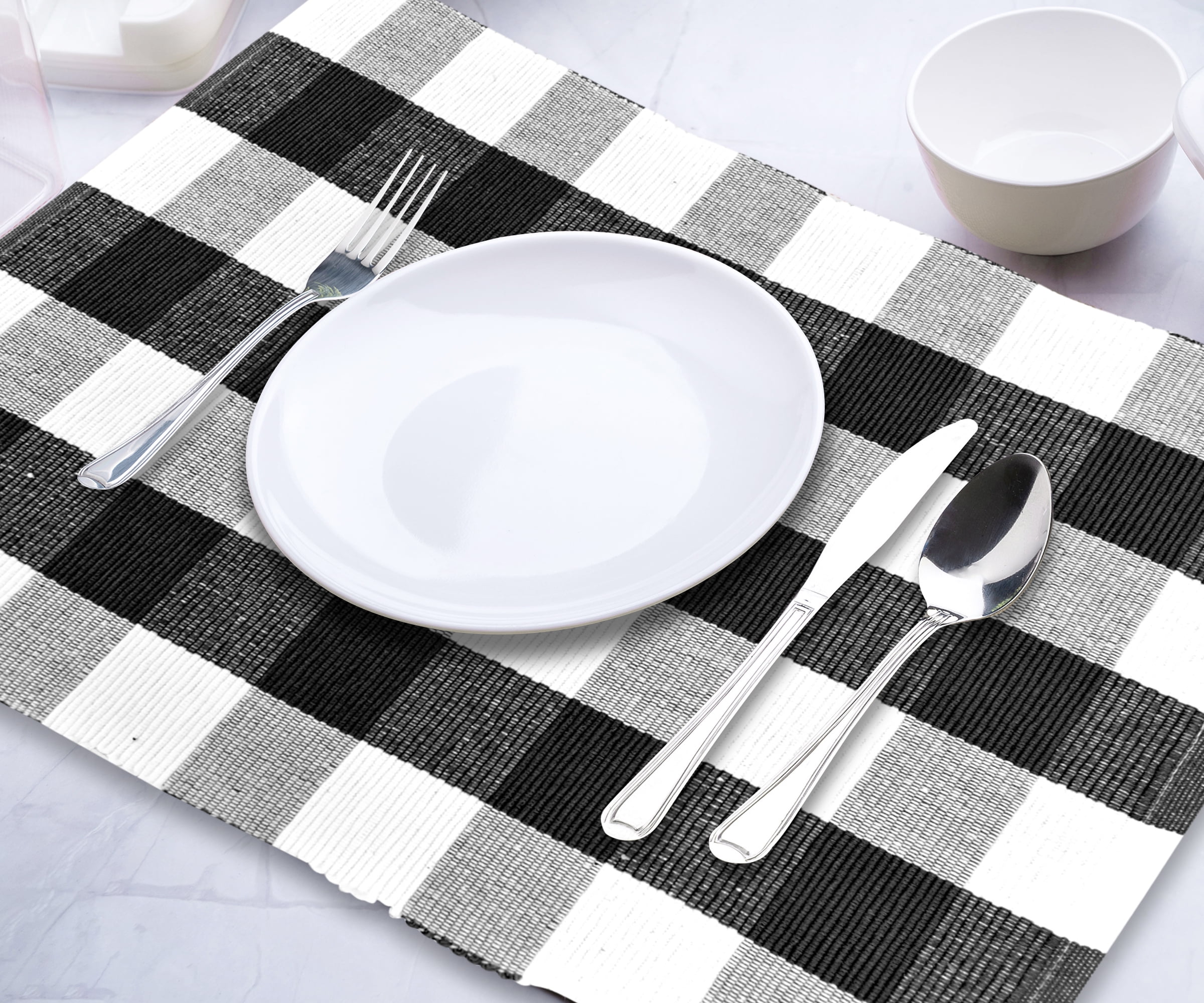 All Cotton and Linen Cotton Placemats, Set of 4 Buffalo Checked Placemats, Black Woven Placemat