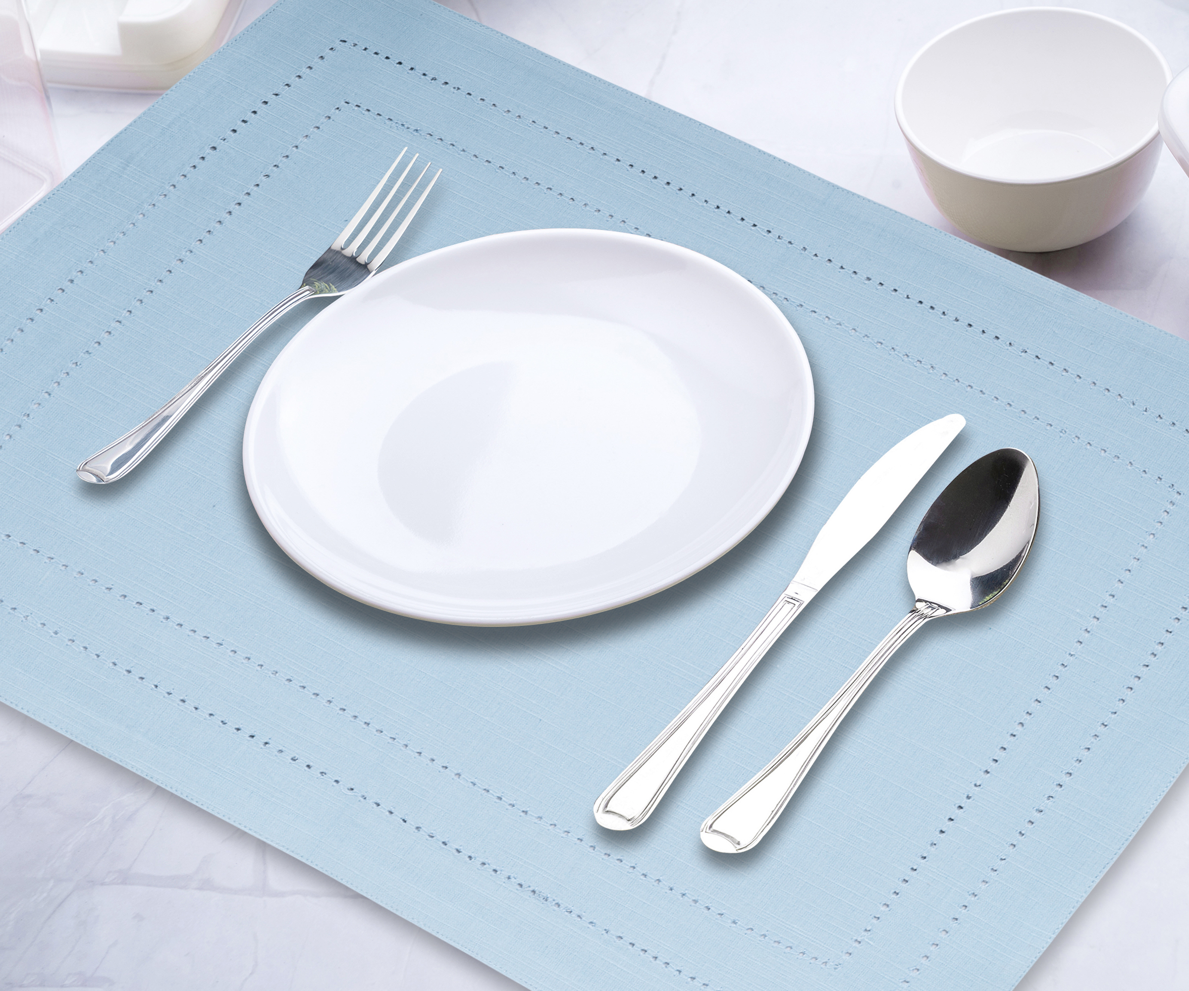 All Cotton and Linen Cotton Placemats Set of 6, Light Blue Placemats, Double Hemstitched