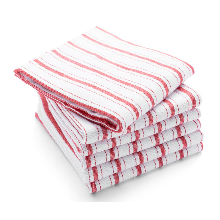 Nouvelle Legende Kitchen and Dish Towels, Cotton, 14.75 x 24.5 Inches,  White with Red Herringbone Stripes, 6 Pack