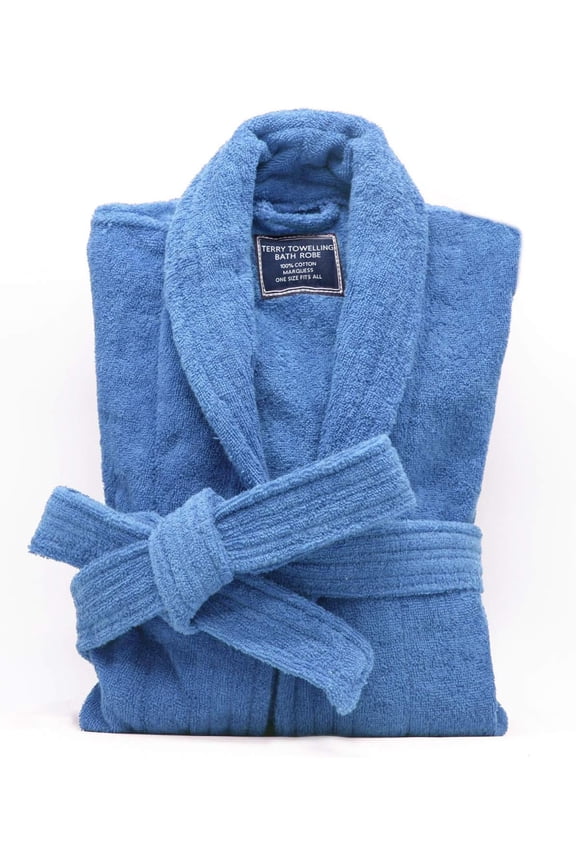 All-Cotton Thick Plush Bathrobe in Terry Toweling Light Blue One Size