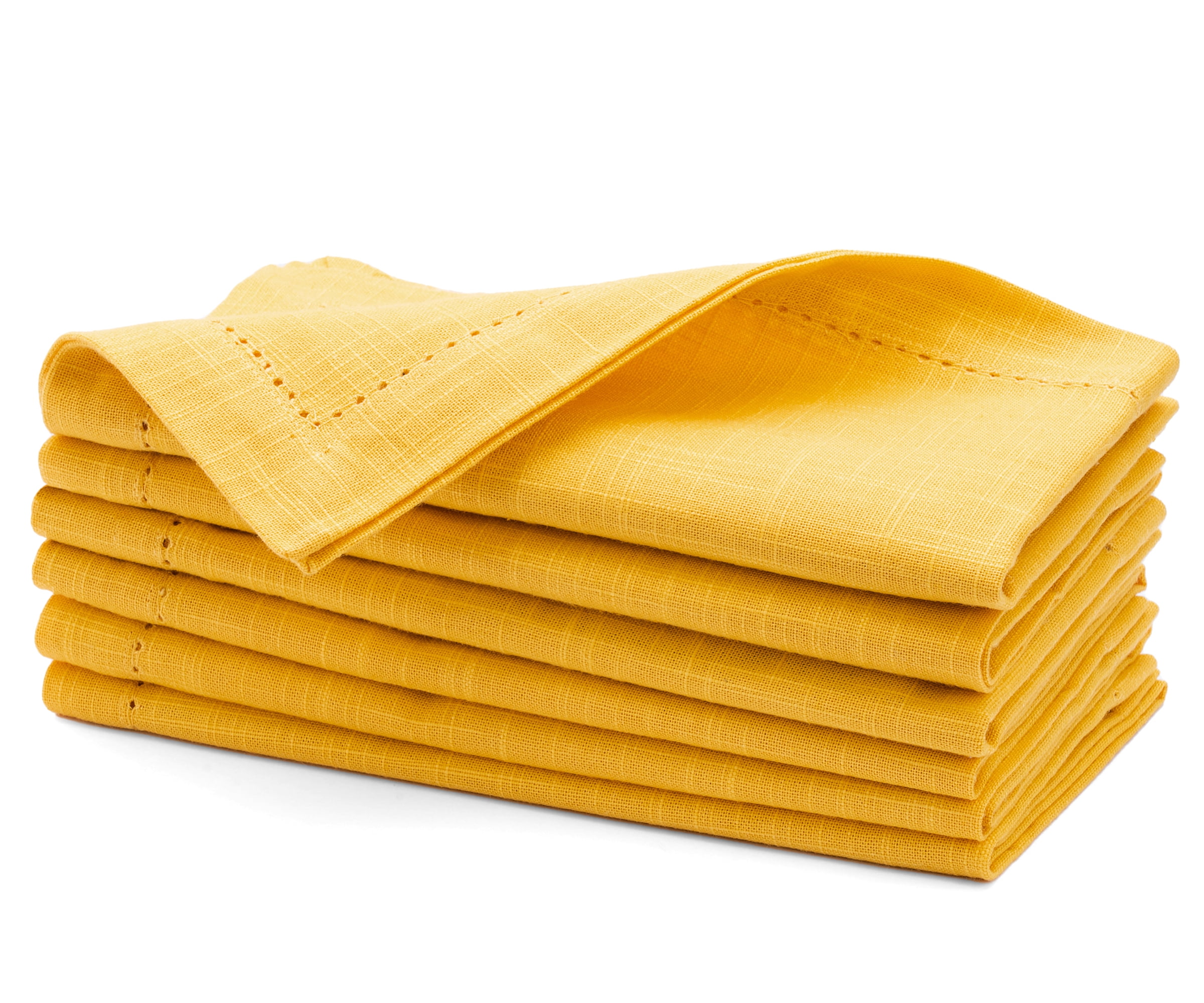 All Cotton and Linen Cloth Napkins, Cotton Dinner Napkins, Hemstitched Napkins  Cloth Washable, Yellow Linen Napkins, Set of 6, 18 x 18, Yellow 