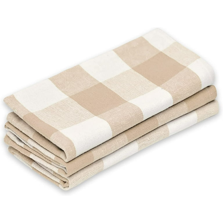 All Cotton and Linen Kitchen Towels, Dish Towels, Farmhouse Hand Towels,  Buffalo Check Beige and Cream Set of 3 (18 x 28) 