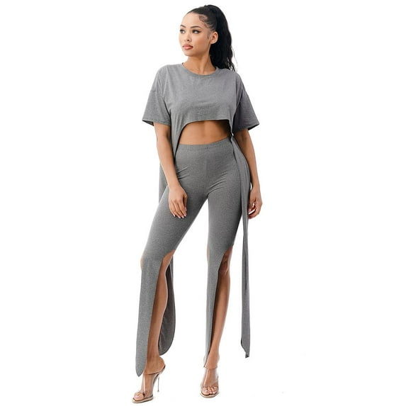 LOVE SENSE by LOVE SENSE All Directions Set, Women's 2-Piece Casual Outfit, Gray, Relaxed Fit, Cropped, Short Sleeve