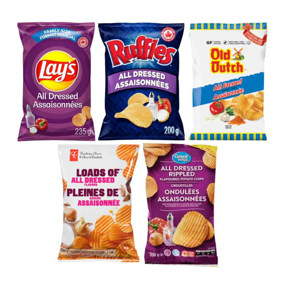 All Dressed Potato Chips Variety Pack of 5, Lays, Ruffles, Old Dutch