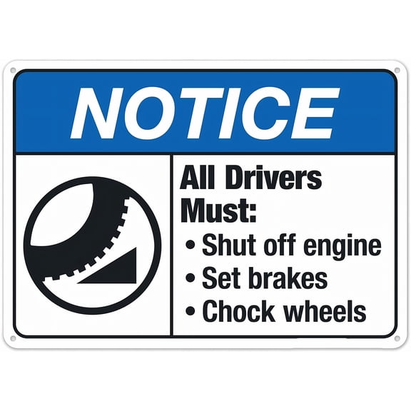 All Drivers Must Shut Off Engine Set Brakes Chock Wheels Metal Tin Sign 8"x12" - Clear Warning for Home & Business Use, Driver Safety Sign