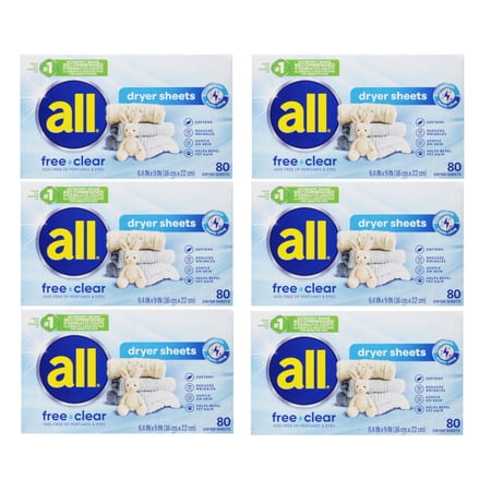All Free Clear Static Control Dryer Sheets Value Pack, Free Clear, 80 Count, 6 Pack