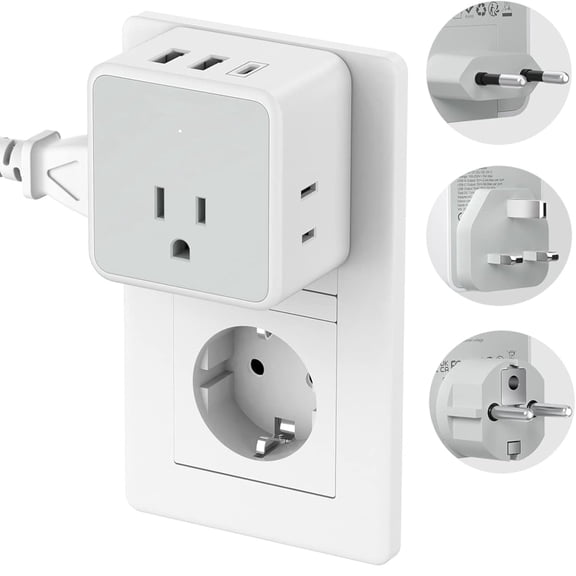 All European UK Travel Plug Adapter Kit with 3 USB (1 USB-C), 3 AC