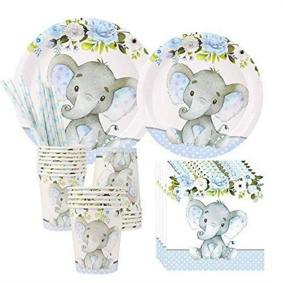 All Ewired Up Elephant Baby Shower Party Supplies Decorations Boys, Blue, Serves 24
