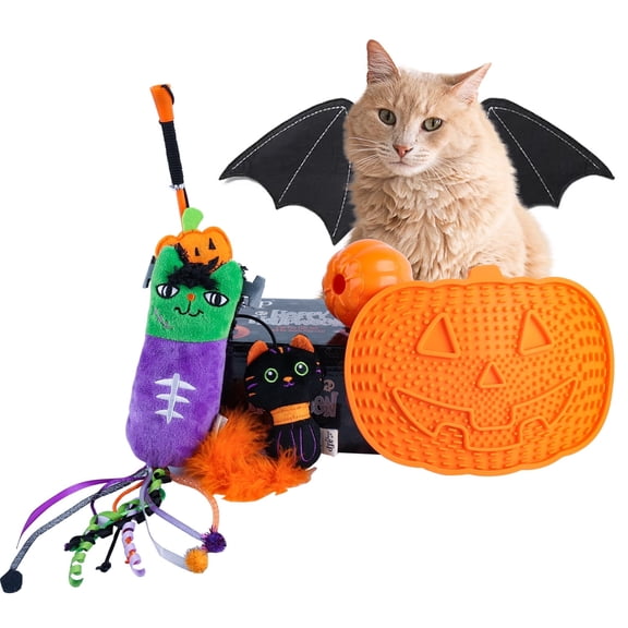 All For Paws 4 Pack Halloween Cat Toy Gift Box Set- Includes Anxiety Relief Lick Mat, Cat Food Dispenser, Plush Cat Kicker Toy with Catnip & Cat Wand