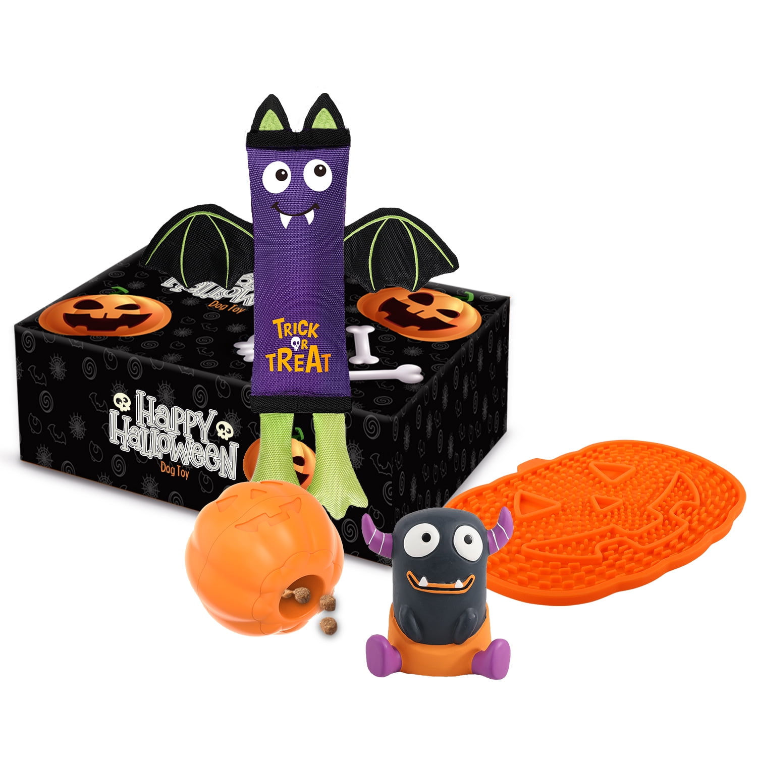 All For Paws 4 Pack Halloween Dog Toy Gift Box Set? Includes Anxiety Relief  Lick Mat, Dog Food Dispenser, Vampire Bat Squeaky Firehose Toy & Devil  Latex Chew Toy 