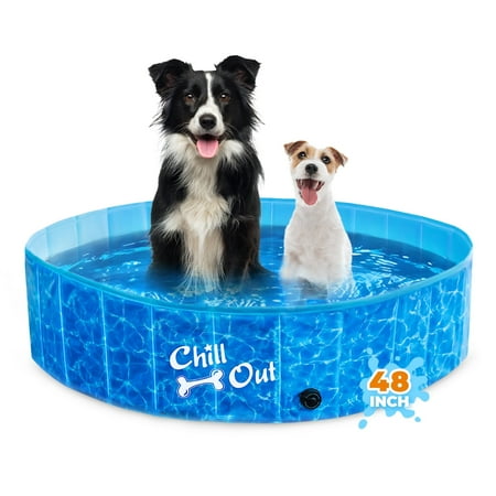 All For Paws Chill-Out 47” Foldable Dog Swimming Pool with Water Drainage Hole, Collapsible Outdoor Wading Pool for Dogs & Kids
