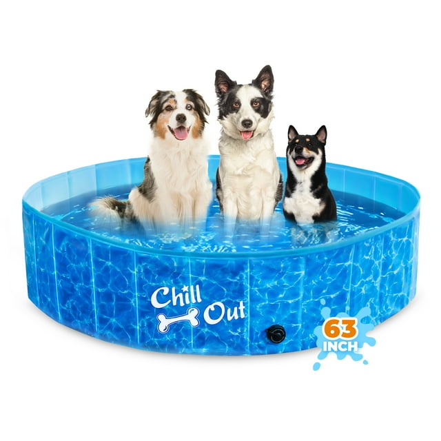 All For Paws Chill-Out 63” Foldable Dog Swimming Pool with Water Drainage Hole, Collapsible Outdoor Wading Pool for Dogs & Kids, Outdoor Pet Bath Tub