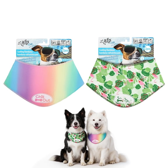 All For Paws Chill-Out Dog Cooling Bandana for Summer, 2-pack Ice Bandana for Dogs, Flamingo & Rainbow, L
