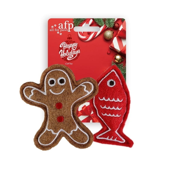 All For Paws Happy Holiday 2 pack Felt Cat Toy with Catnip, Christmas Gingerbread Man & Fish