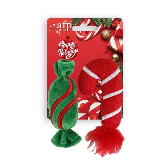 All For Paws Happy Holiday 2-pack Plush Cat Toy with Catnip, Christmas Candy & Candy Cane