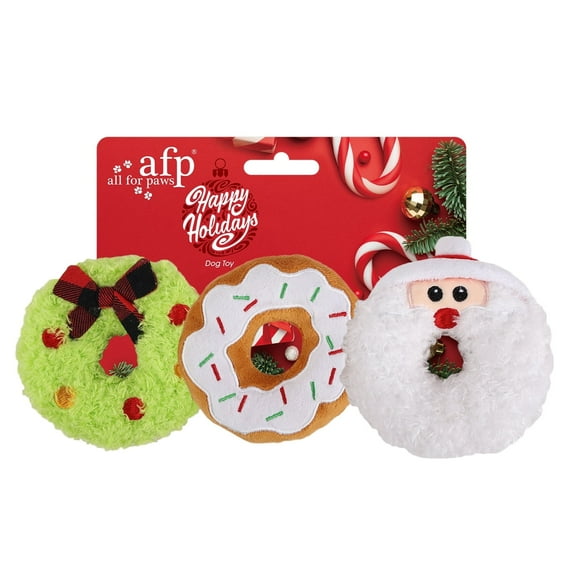 All For Paws Happy Holiday 3-pack Dog Plush Squeaky Chewing Toy Set – Christmas Wreath, Santa Clause & Donut