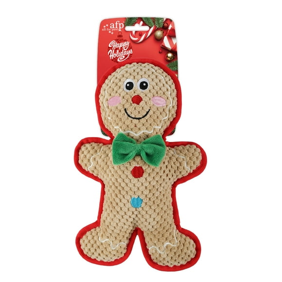 All For Paws Happy Holiday Dog Plush Squeaky Toy Durable Chewing Toy for Puppy, Christmas Gingerbread Man