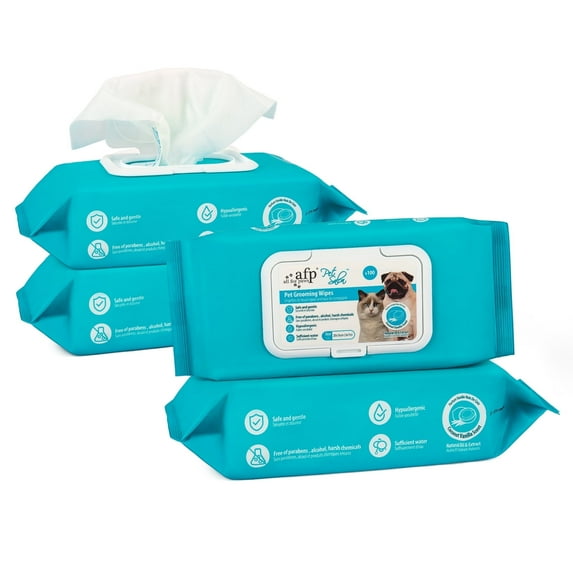 All For Paws Natural Pet Wipes for Dogs & Cats, 4 x 100cts, Coconut Vanilla Scent- Deodorizing Dog Grooming Wipes, Large Cat Cleaning Wipes