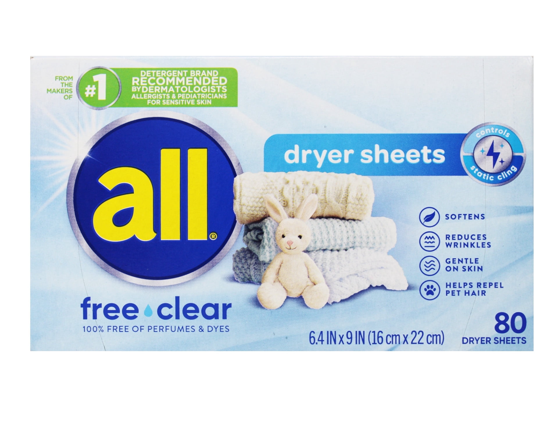 (9 pack) all Fabric Softener Dryer Sheets for Sensitive Skin, Free Clear, 80 Count