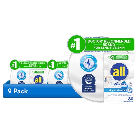 (9 pack) all Fabric Softener Dryer Sheets for Sensitive Skin, Free Clear, 80 Count