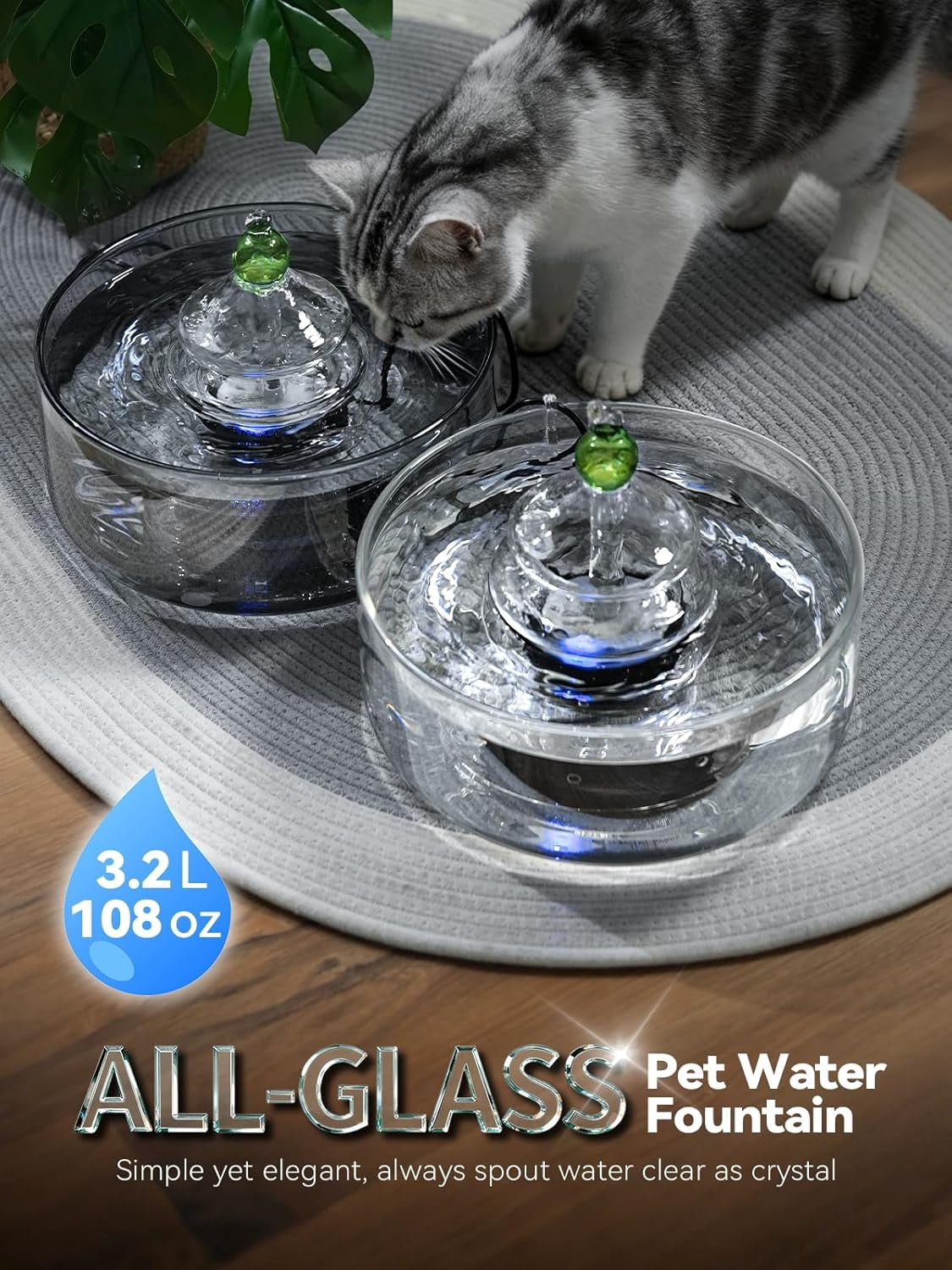 All-Glass Cat Water Fountain 3.2L with LED Light Automatic Dispenser ...