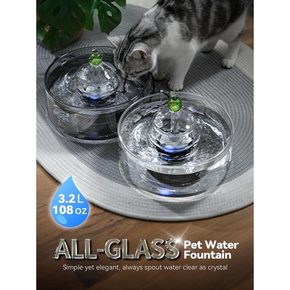 All-Glass Cat Water Fountain 3.2L with LED Light Automatic Dispenser for Cats and Small Dogs White