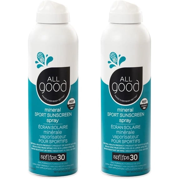 All Good Sport Sunscreen Spray - UVA/UVB Broad Spectrum SPF 30 - Water Resistant, Coral Reef Friendly - Zinc, Calendula, Aloe (6 oz)(2-Pack)