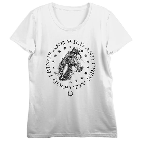 All Good Thing Are Wild & Free Horse Sketch Crew Neck Short Sleeve Women's White T-shirt-XS