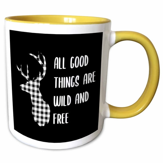 3drose, All Good Things Are Wild and Free with a Black and White Plaid Deer., 11oz Two-tone Yellow Mug