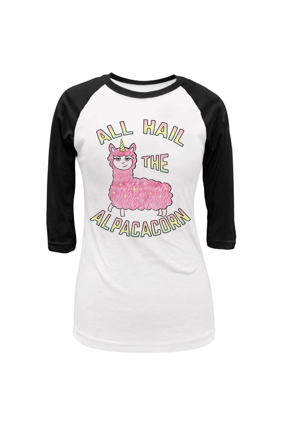 All Hail the Alpacacorn Juniors 3/4 Sleeve Raglan T Shirt White-Black LG