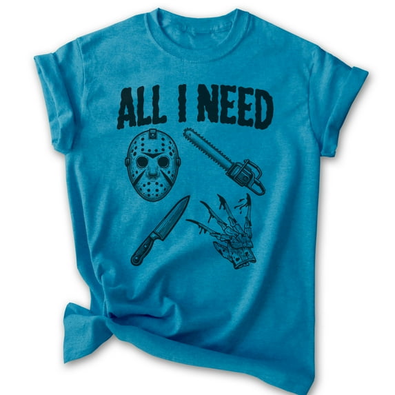 All I Need Horror Film T-shirt, Unisex Women's Men's Tee, Horror Movie Classic Lover Halloween Gift, Heather Blue, 3X-Large