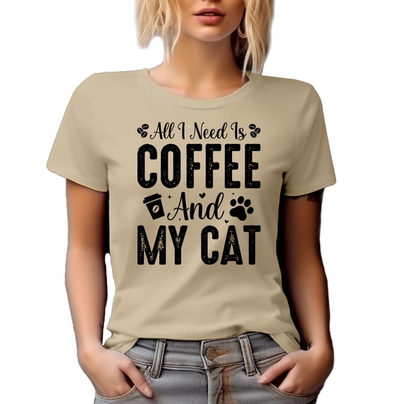 All I Need Is Coffee and My Cat, Kitty Lover, Tan T-Shirt, Large