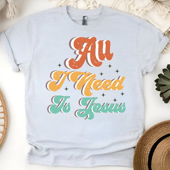 All I Need Is Jesus T-Shirt for Women, Christian Retro Graphic Tee, Ash, Size M