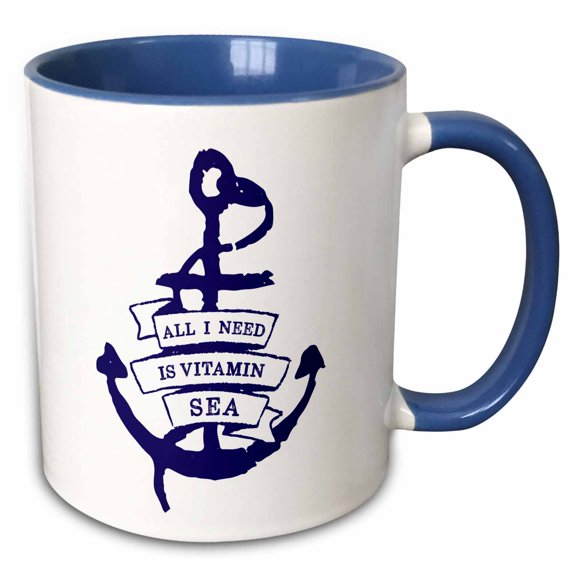 3drose, All I Need Is Vitamin Sea Banner on Anchor, 11oz Two-tone Blue Mug