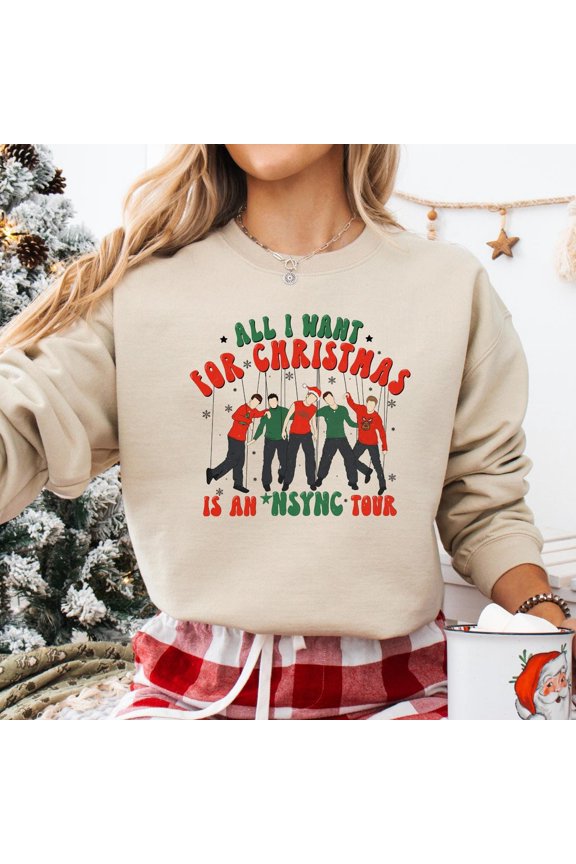 All I Want For Christmas Is An Nsync Tour, Nsync Go On Tour, Friends, Nsync Cassette Christmas Shirt, Xmas Gift, Sand Sweatshirt