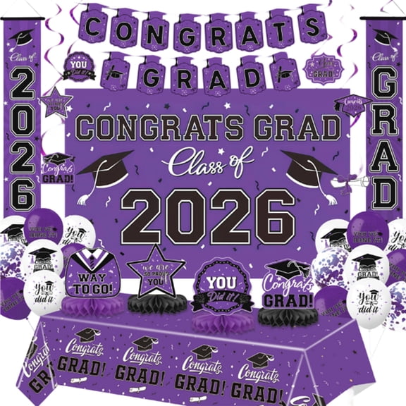 All-In-One 2026 Graduation Decorations Kit, 48PCS Class of 2026 Grad Party Supplies with Banner Backdrop Tablecloth for Grad Celebrations,Purple