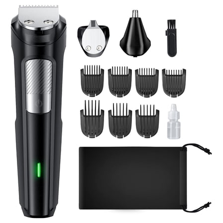 All-In-One Beard Trimmer, 13-Piece Men's Grooming Kit with Cordless Rechargeable Hair Trimmer and Nose Hair Trimmer with Stainless Steel Blades for Painless Removal of Facial and Body Hair, Black
