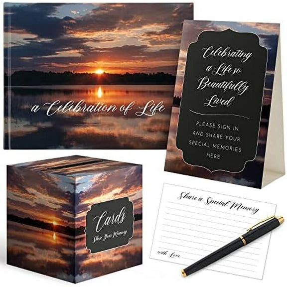 All-In-One Funeral Guest Book Set Elegant Memorial Guestbook, Funeral Register Book, 60 Memory Cards, Collection Box, Black Pen, Table Sign, Celebration of Life Guest Book, Memorial Keepsake