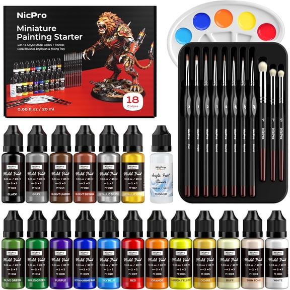 All-In-One Miniature Painting Kit, Starter Paint Set with 18 Colors Model Paint & Thinner(20ml), Palette, 11 Detail Paint Brushes Drybrush, Miniature Paint Set for Models, Scale Figures, Crafts