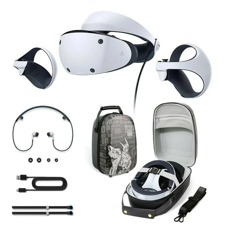 All-In-One PSVR2 Headset, PlayStation VR2 Sense controller (L) / (R) with attached straps, Portable Hard Shell Travel Case Black, Stereo headphones