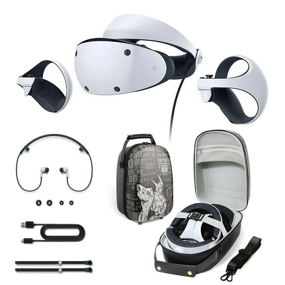 All-In-One PSVR2 Headset, PlayStation VR2 Sense controller (L) / (R) with attached straps, Portable Hard Shell Travel Case Black, Stereo headphones