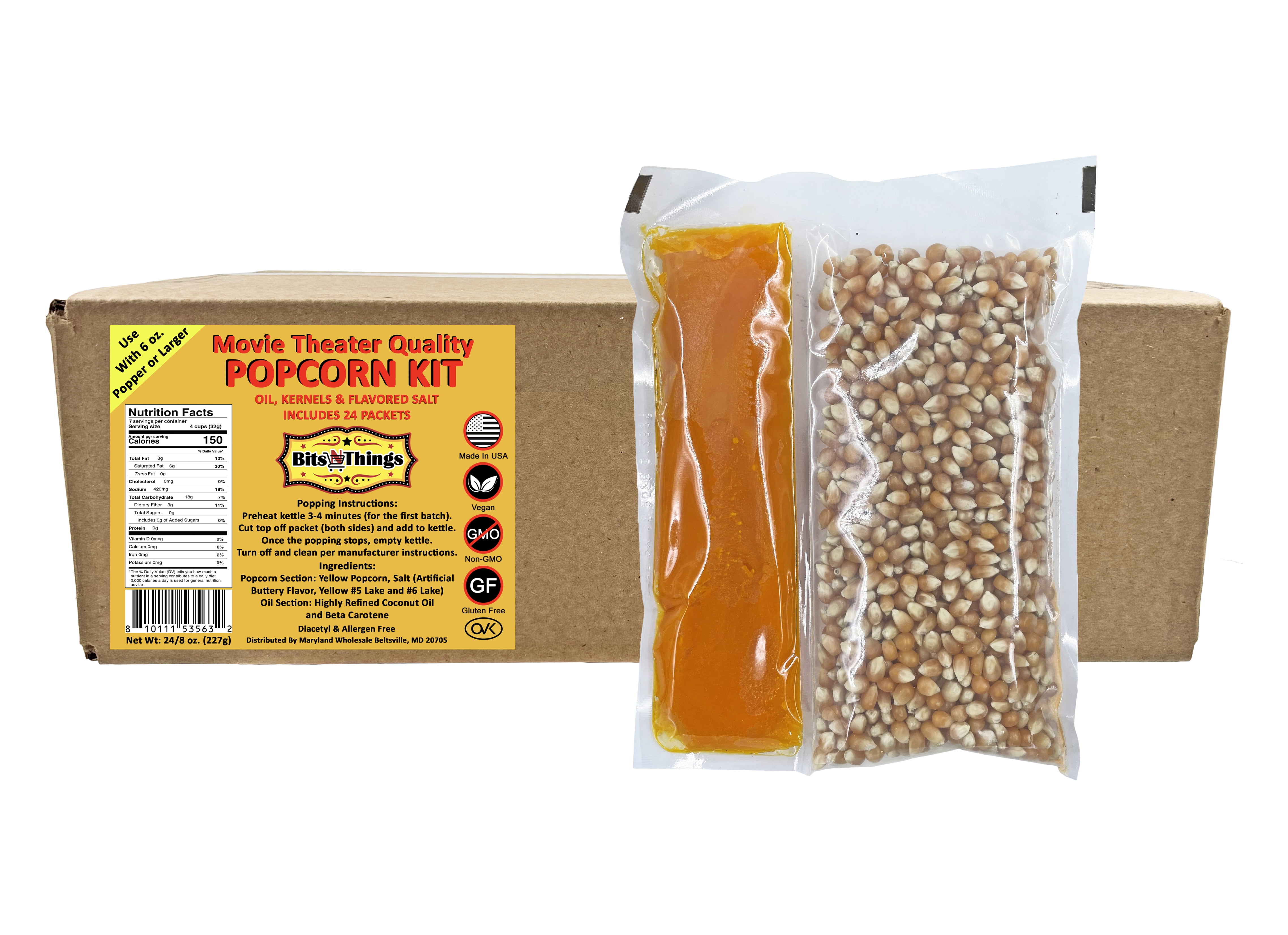Home Theater All in One Popcorn Kit For 6 oz. Popper | Portion Packets with Kernels, Oil and Flavored Salt | By Bits N Things | Pack of 24