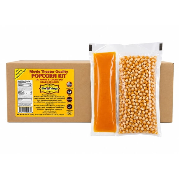 Home Theater Popcorn Kit 10.6 oz, Pack of 24 - Movie Theater Style Popcorn Portion Packs - For 8 oz Popcorn Machines & Poppers - Pre-Measured Ingredients, Made in USA - Bits N Things