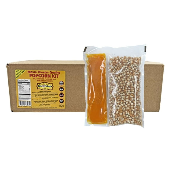 Home Theater All in One Popcorn Kit For 8 oz. Popper | Portion Packets with Kernels, Oil and Flavored Salt | By Bits N Things | Pack of 24