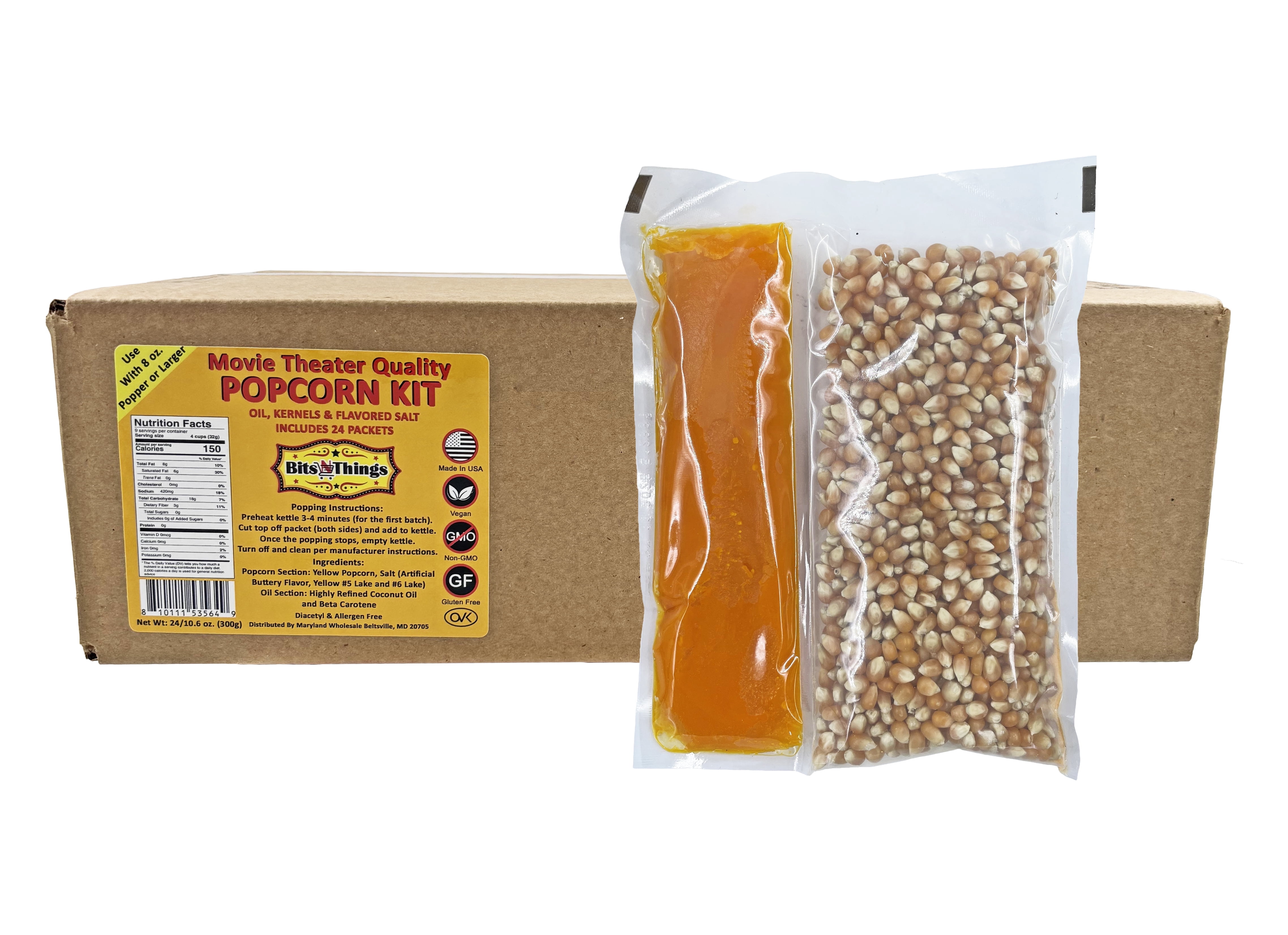 Home Theater All in One Popcorn Kit For 8 oz. Popper | Portion Packets with Kernels, Oil and Flavored Salt | By Bits N Things | Pack of 24