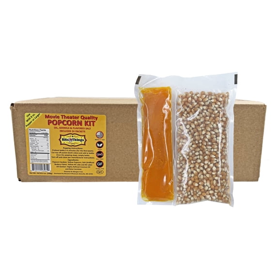 Home Theater All in One Popcorn Kit For 8 oz. Popper | Portion Packets with Kernels, Oil and Flavored Salt | By Bits N Things | Pack of 24